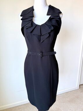 CALVIN KLEIN Sleeveless Ruffled Neck Belted Sheath Dress—SZ. 4